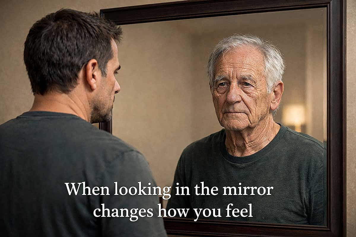 Reflection of contrasting emotions in a mirror.
