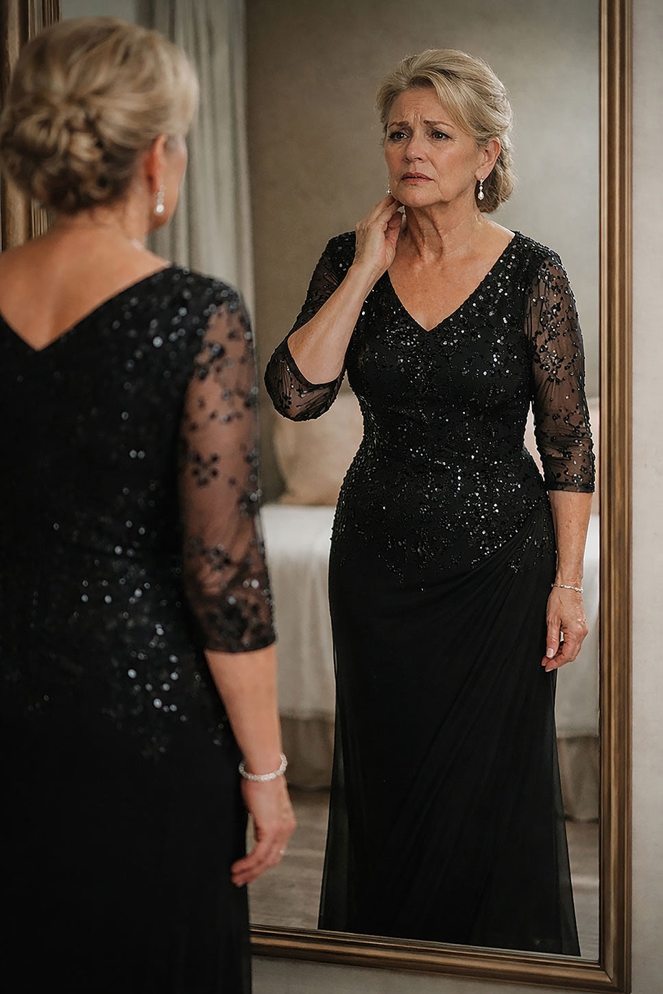 Woman in elegant black dress admiring reflection.