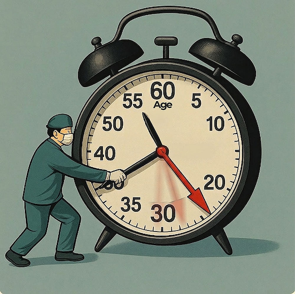 Man adjusting clock showing time and age.